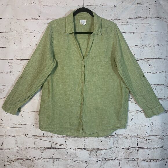 Sigrid Olsen Green Linen Button Up Shirt L Roll Tab Sleeve Coastal Classic Core - Picture 1 of 6